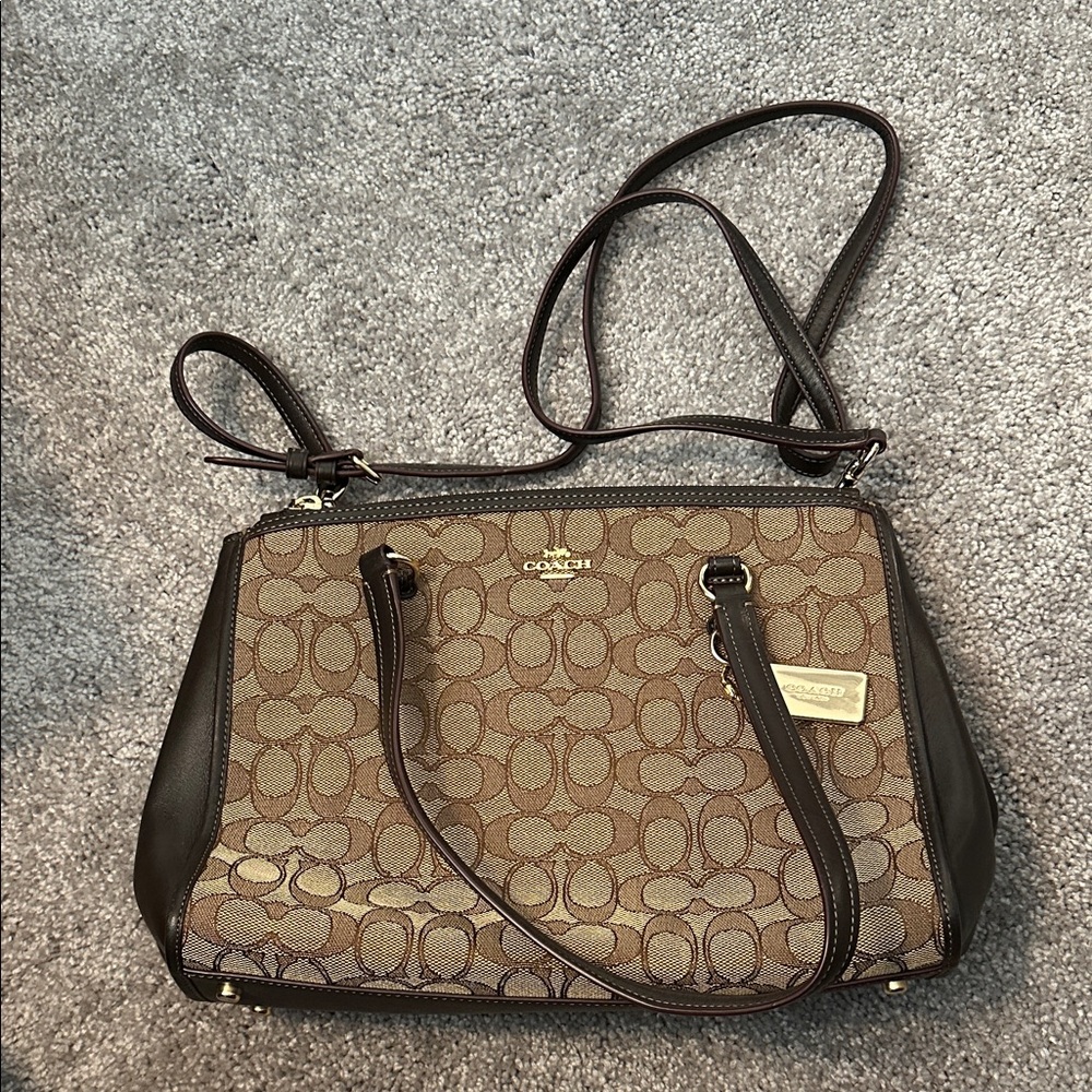Coach Brown Leather and Tan Signature Crossbody Bag